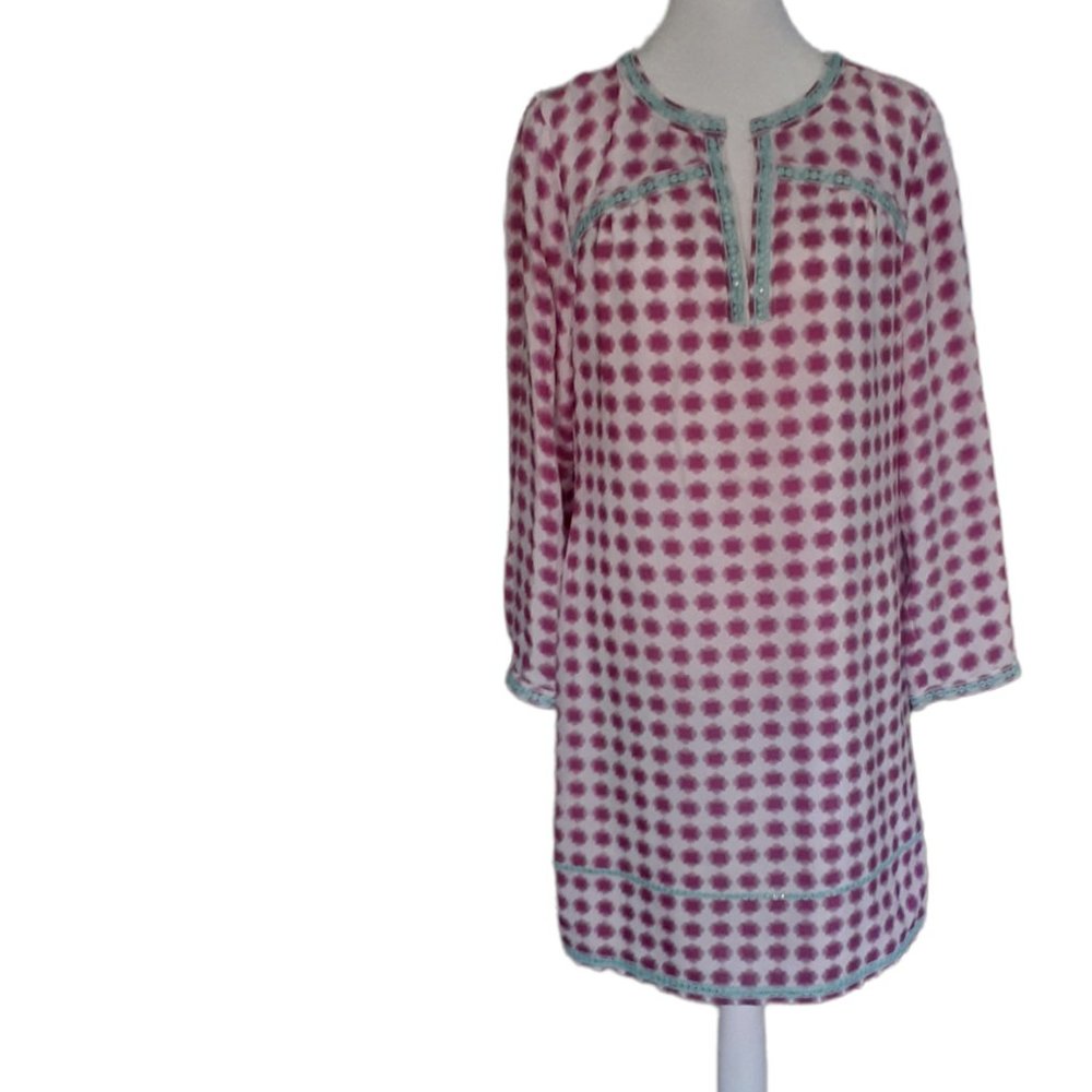 Vineyard vines silk dress pink and white print green crochet trim